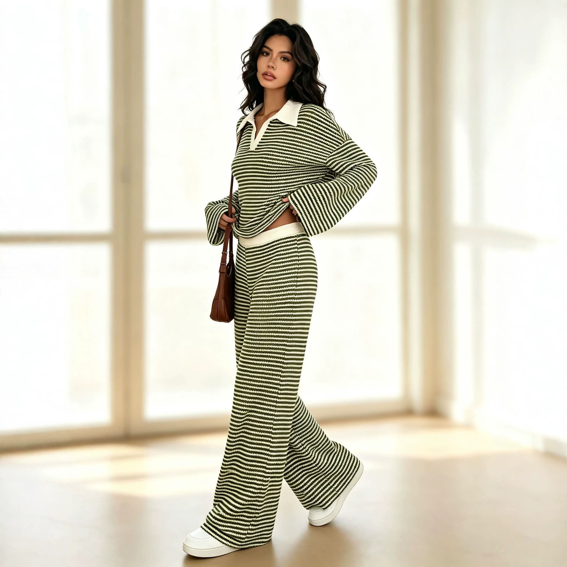 Striped Textured Polo Long Sleeve Top & High-Waist Wide-Leg Pants Set