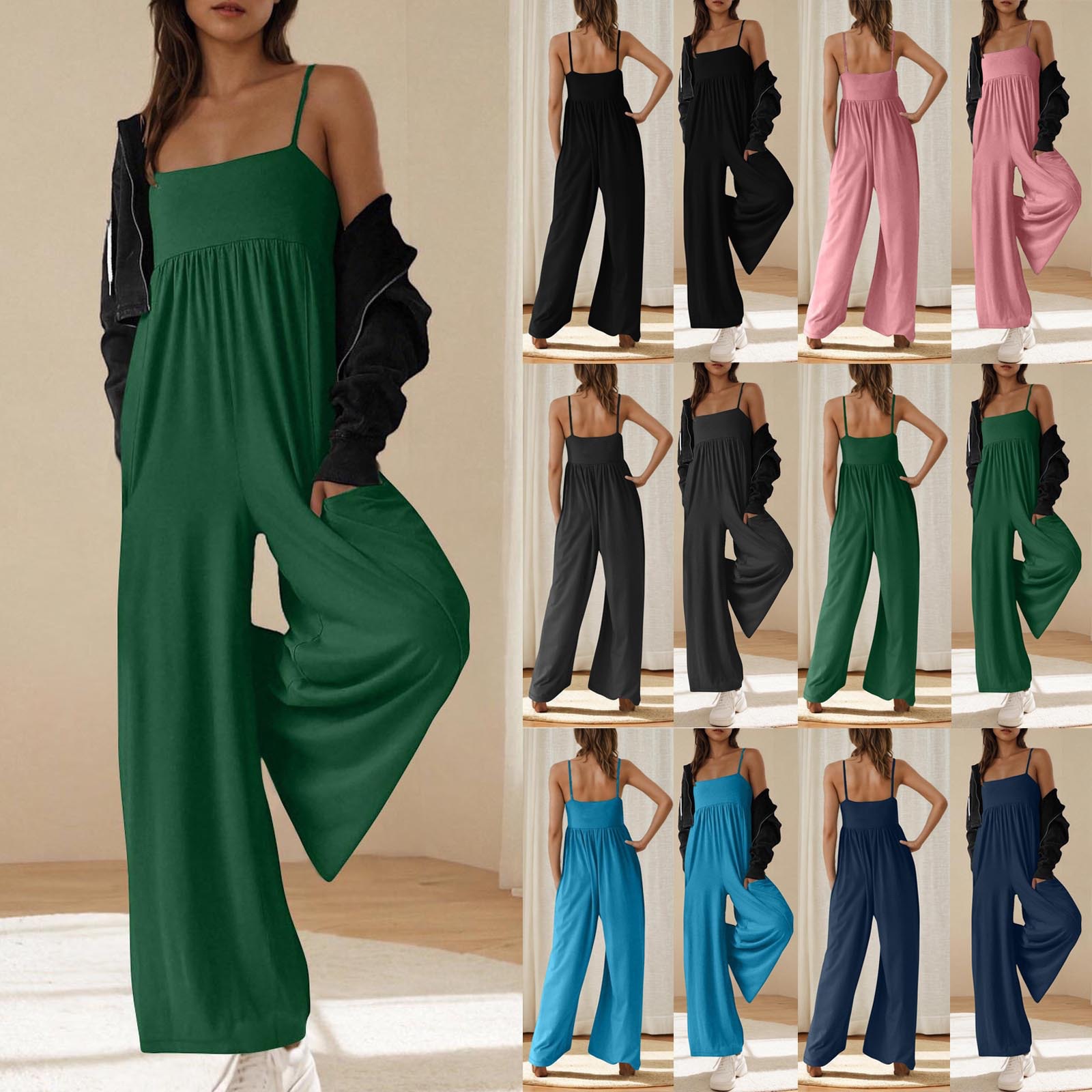 Women's Solid One-Shoulder Sleeveless Open-Back Wide-Leg Jumpsuit