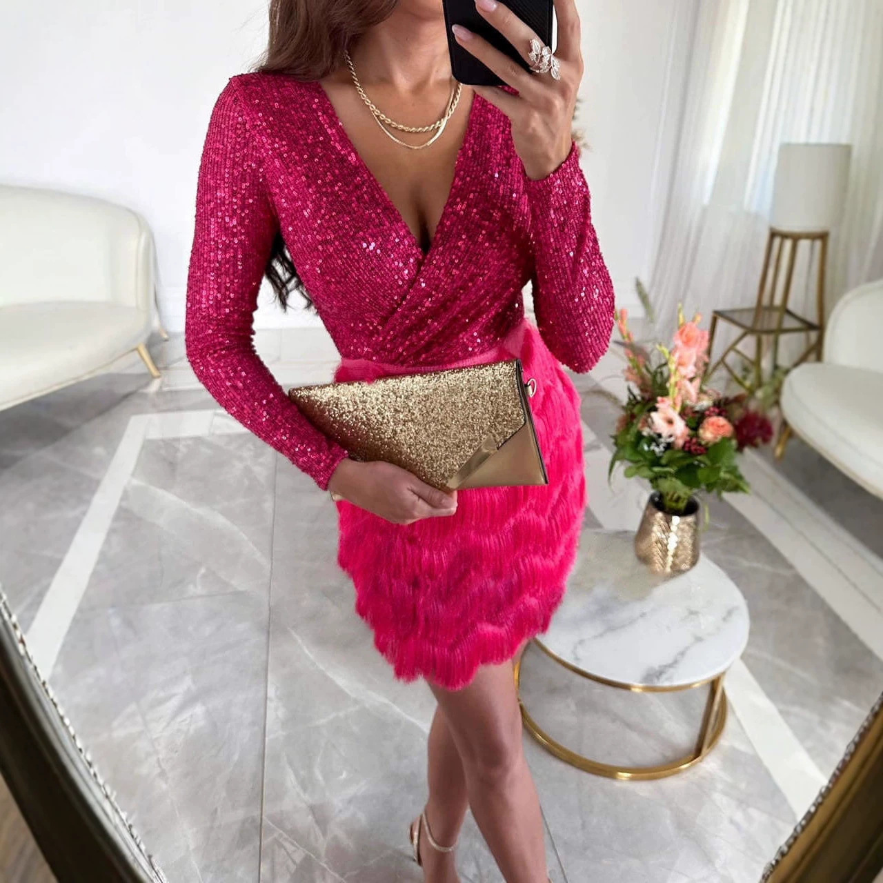 Sequin A-Line Mini Dress with V-Neck and Long Sleeves