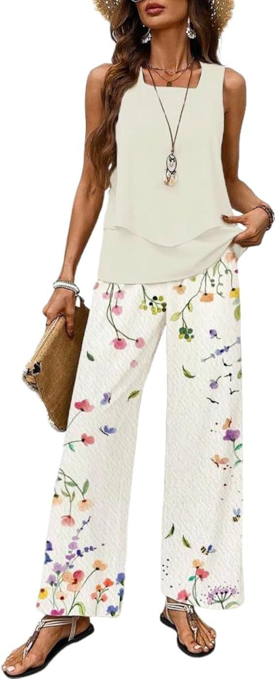 Women's Sleeveless Double-Layer Tank Top Casual Set