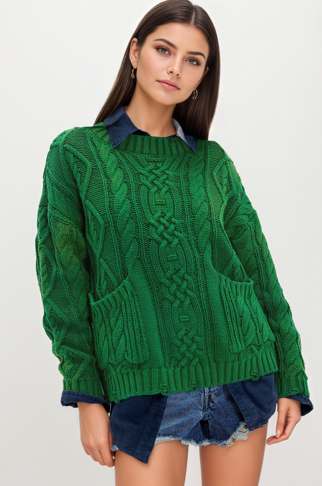 Cable-Knit Crewneck Pullover Sweater with Pockets