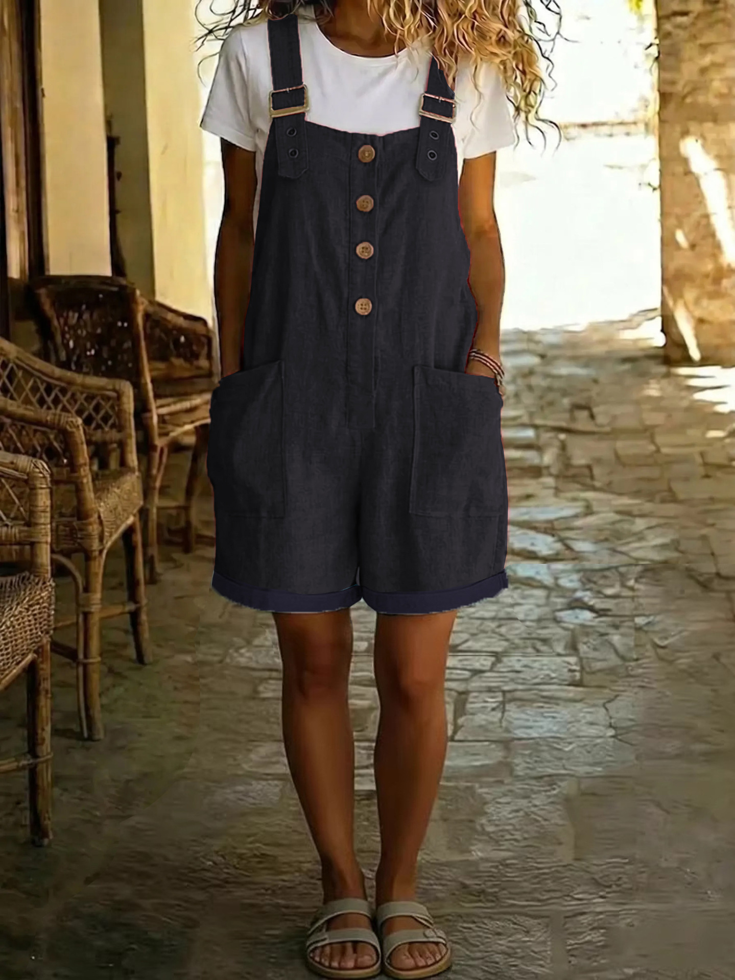 Women's Cotton-Linen Solid Color Vintage Straight-Leg Overall Shorts with Pockets