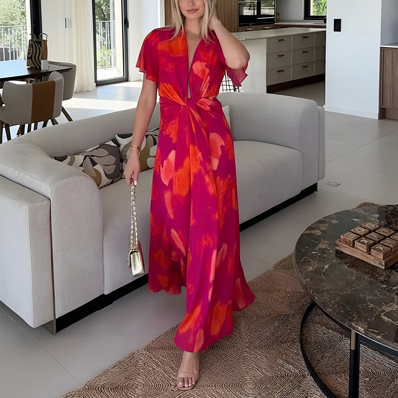 Women's Floral V-Neck High-Waist Long Dress