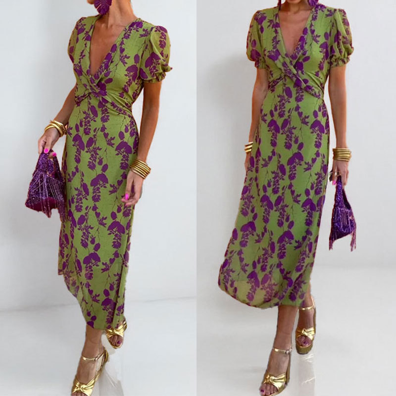 Floral Print V-Neck Ruched Waist Slim Fit Midi Dress