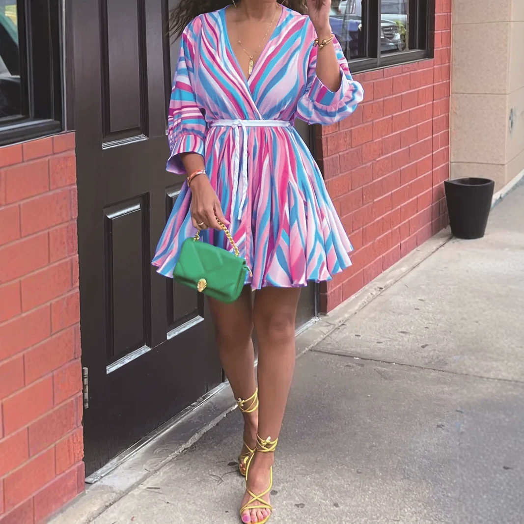 Colorful Striped V-Neck A-Line Dress with Belt, 3/4 Sleeve