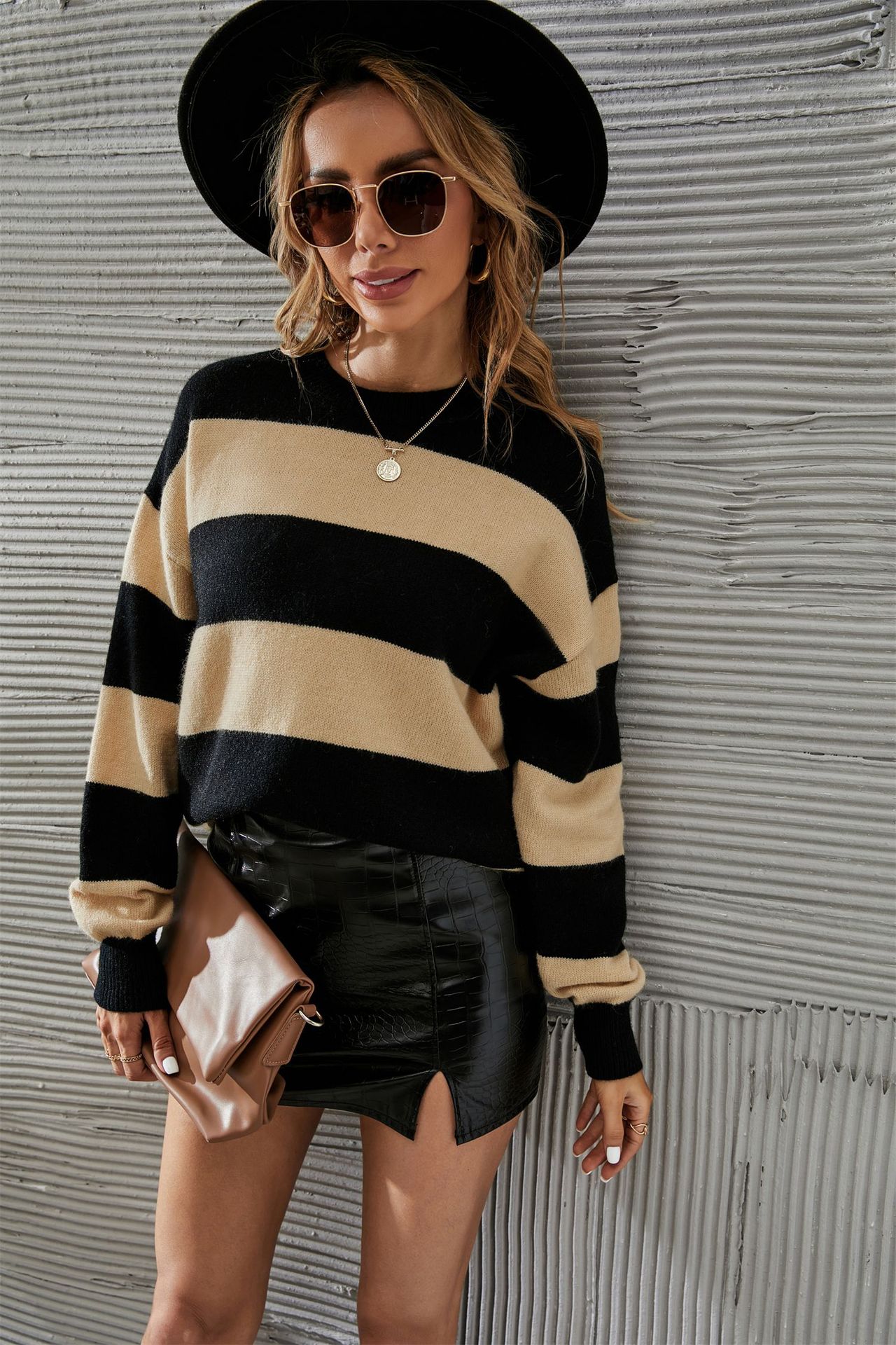Striped Plus Size Pullover Slimming Knit Sweater Women's Long Sleeve Round Neck