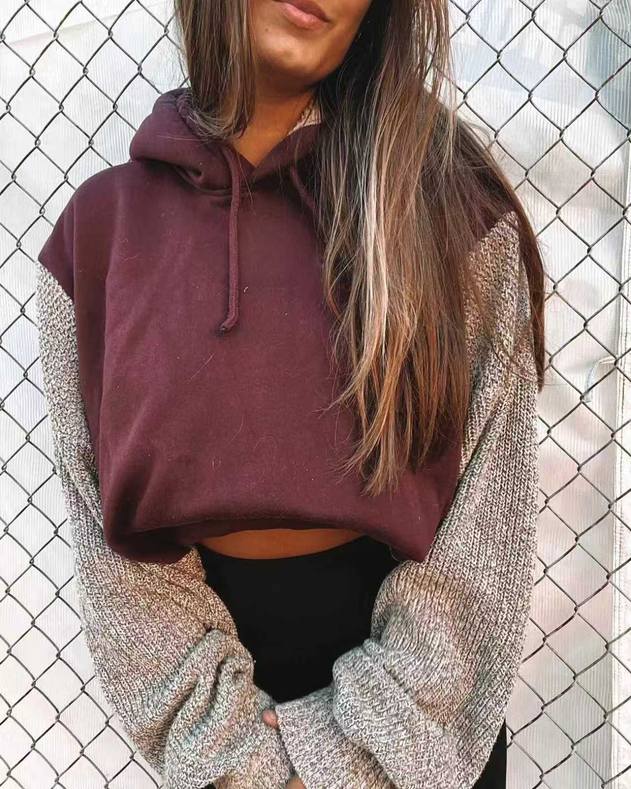 Women's Color-Block Hooded Long-Sleeve Knit Cropped Sweatshirt
