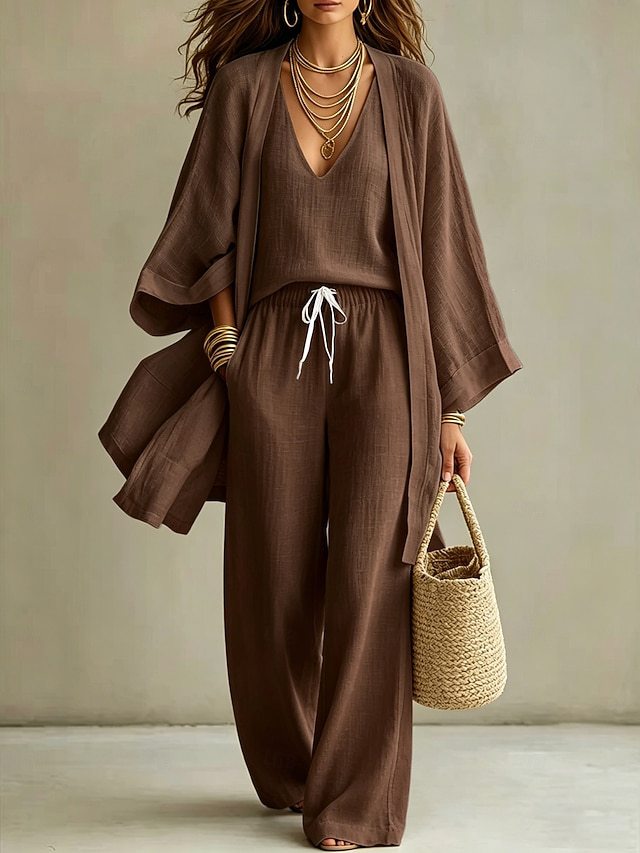 Women's Summer Solid Color Cotton-Linen 3-Piece Set: Open-Front Cardigan, Sleeveless Tank, Wide-Leg Pants