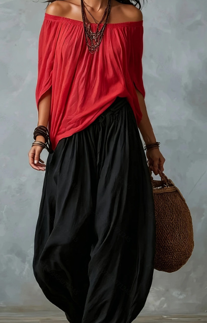 Women's Long Loose Off-Shoulder Top and Lantern Pants Set
