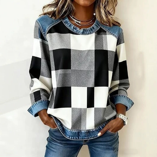 Women's Plaid Color-Block Print Casual Hoodie