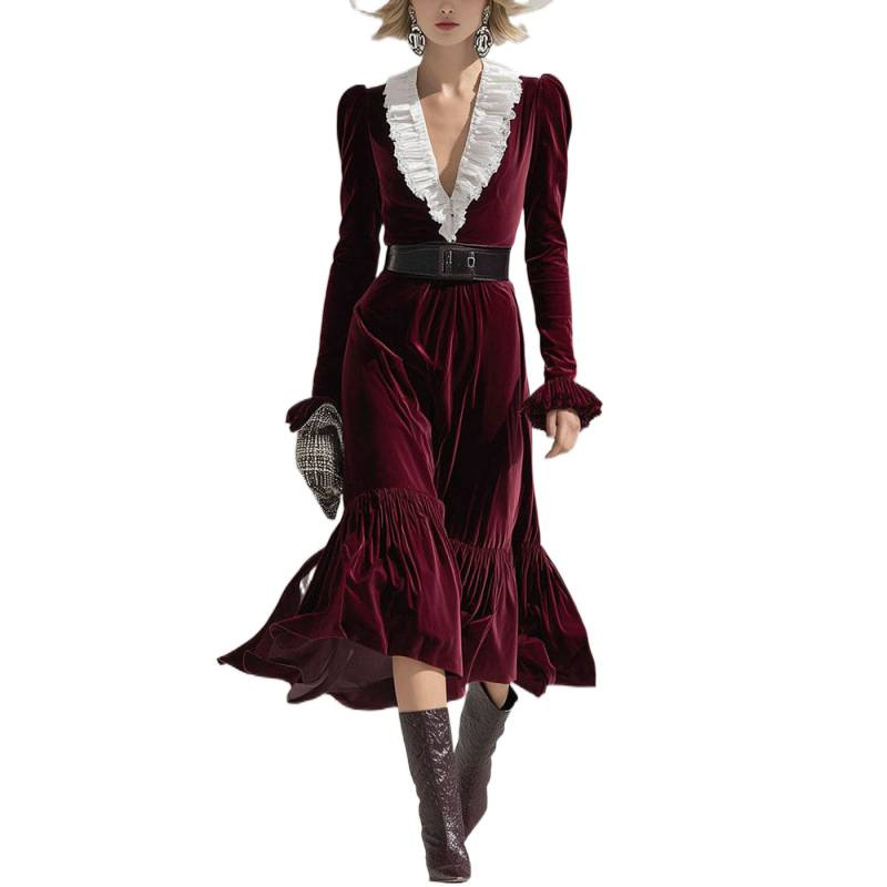 V-Neck Color-Block Slim Fit Long Sleeve Mermaid Dress