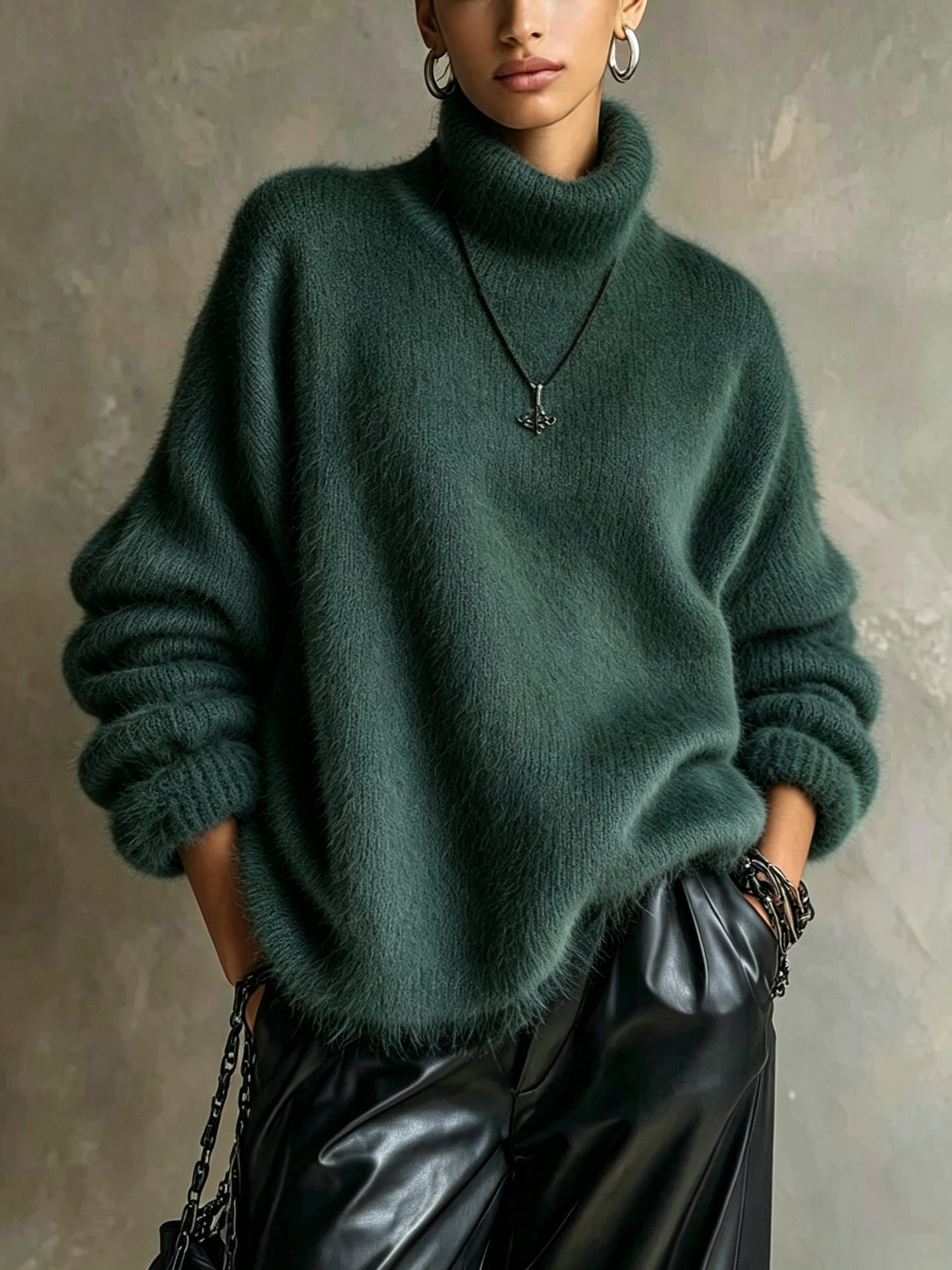 Women's Oversized Fuzzy High-Neck Knit Sweater