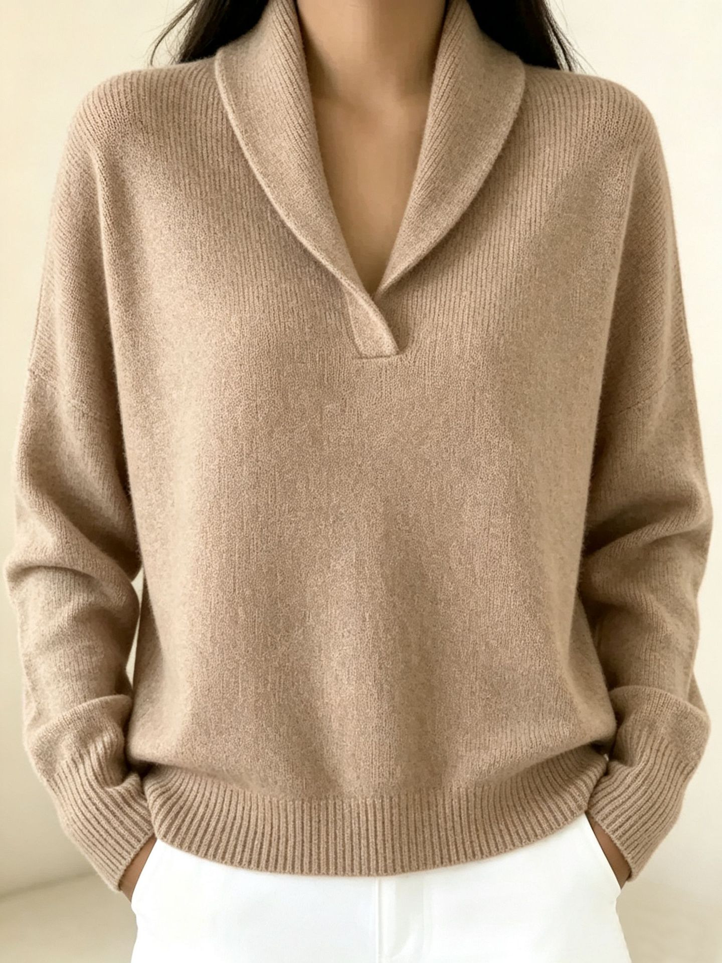 V-Neck Long Sleeve Solid Color Loose Knit Pullover Top