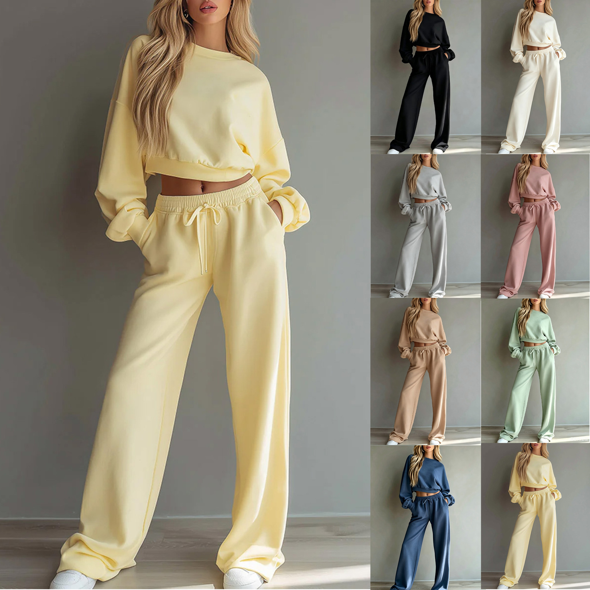 Minimalist Long-Sleeve Sweatshirt and Wide-Leg Pants Set