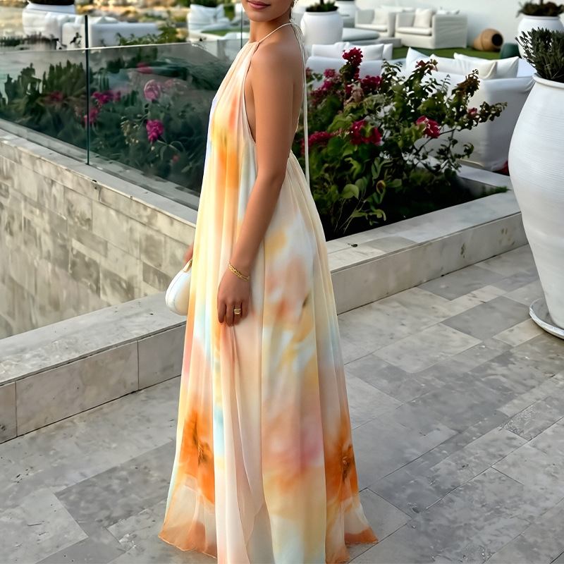 Women's Floral Halter Neck Off-Shoulder Long Dress Casual Loose Fit