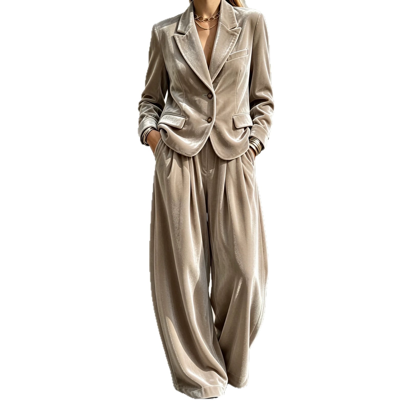 Velvet Two-Piece Blazer and Wide-Leg Pants Set
