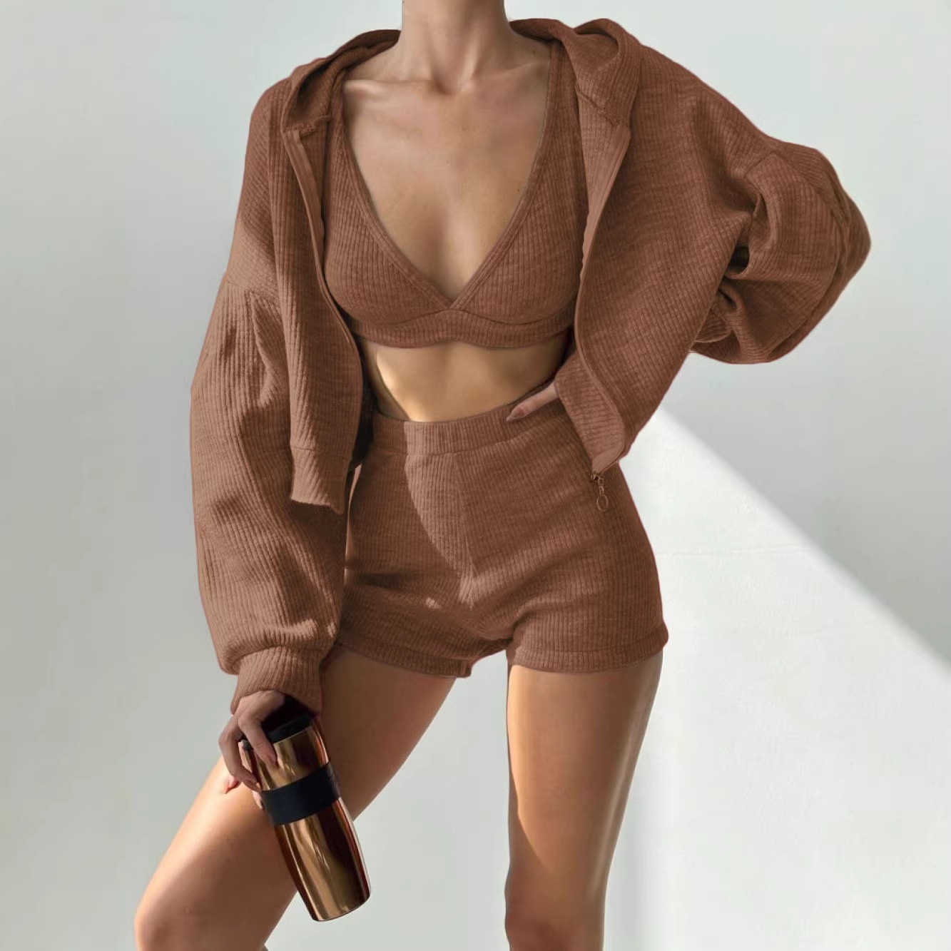 Women's Zip-Up Hooded 3-Piece Lounge Set Cropped Top