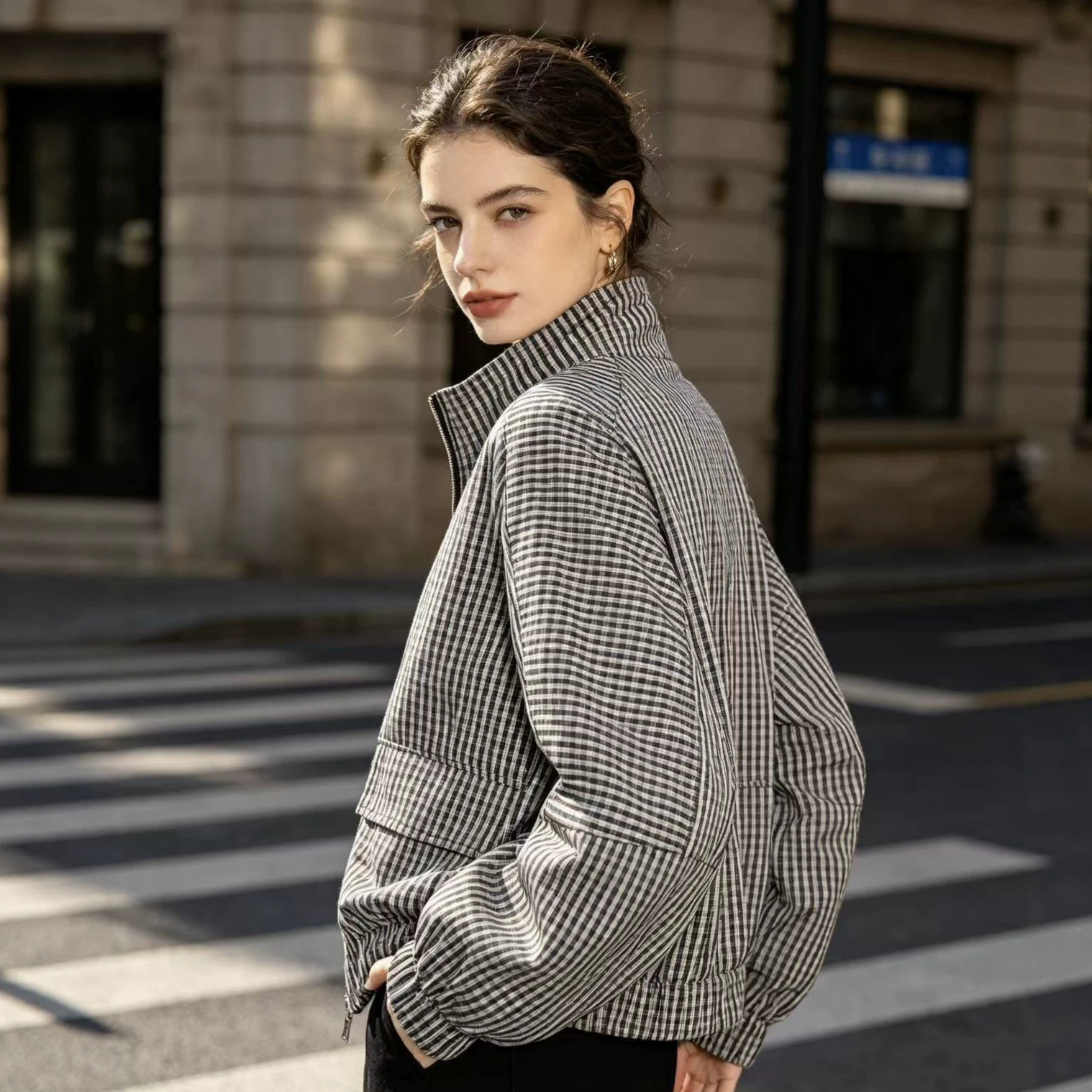 Women's Loose Fit Zip-Up Jacket with Stand Collar and Black & White Plaid