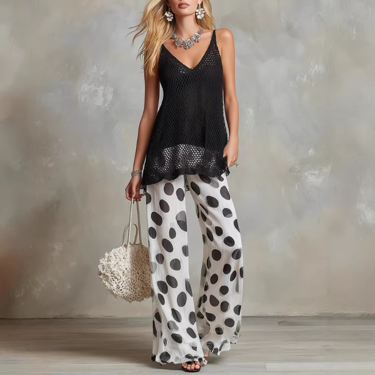 Retro Black Mesh Knit Tank Top and Polka Dot Chiffon Wide-Leg Pants Set