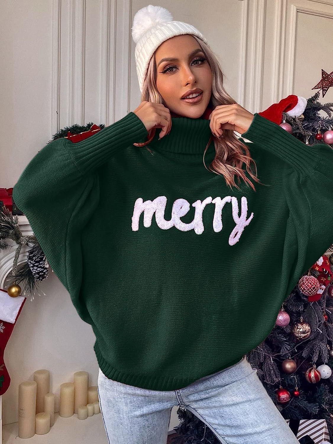 Women's Christmas Turtleneck Sweater with Batwing Sleeves