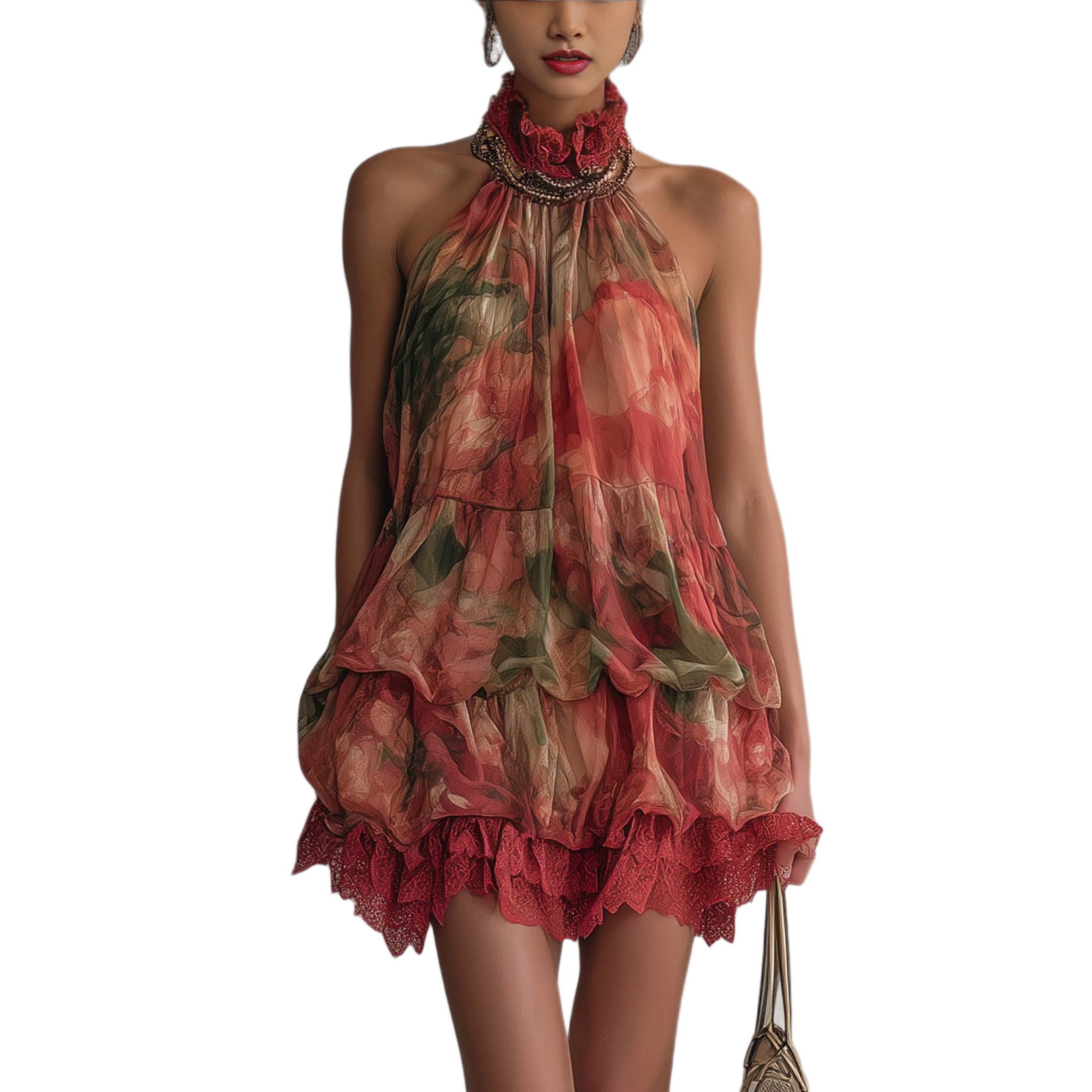 Women's Halter Neck Floral Print Lace Spliced Cami Dress Short