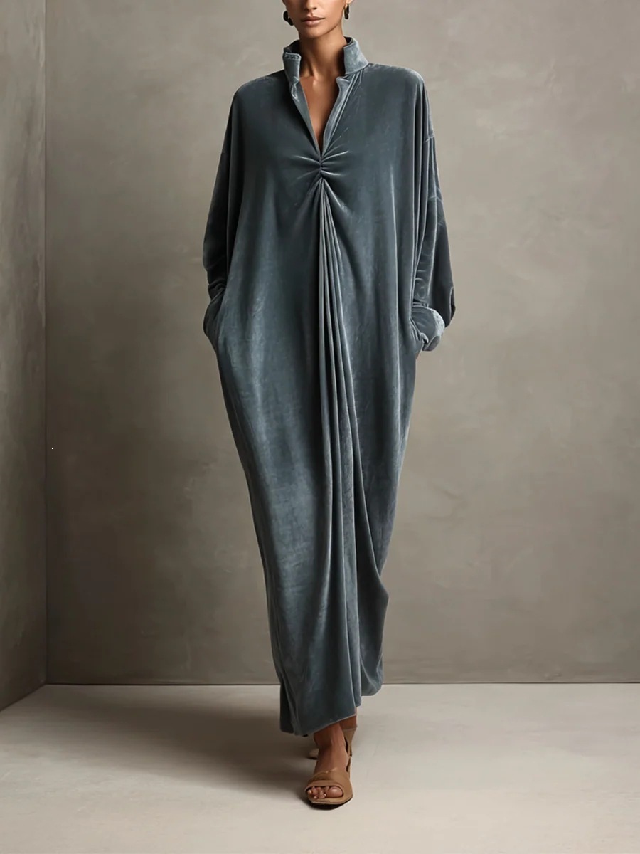 Stand Collar Velvet Long Dress with Twist Knot Detail