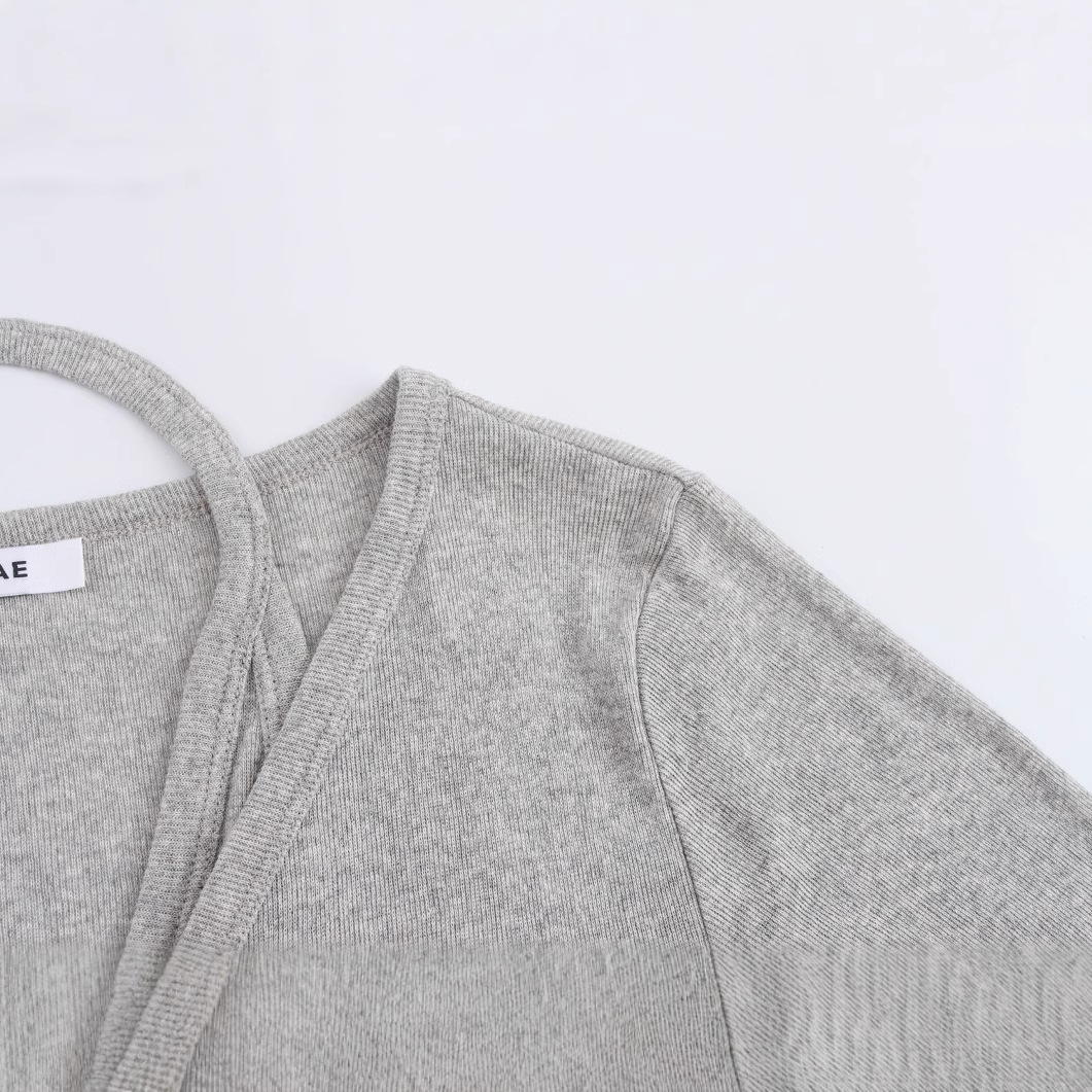 V-Neck Single-Breasted Halter Long-Sleeve Knit Top
