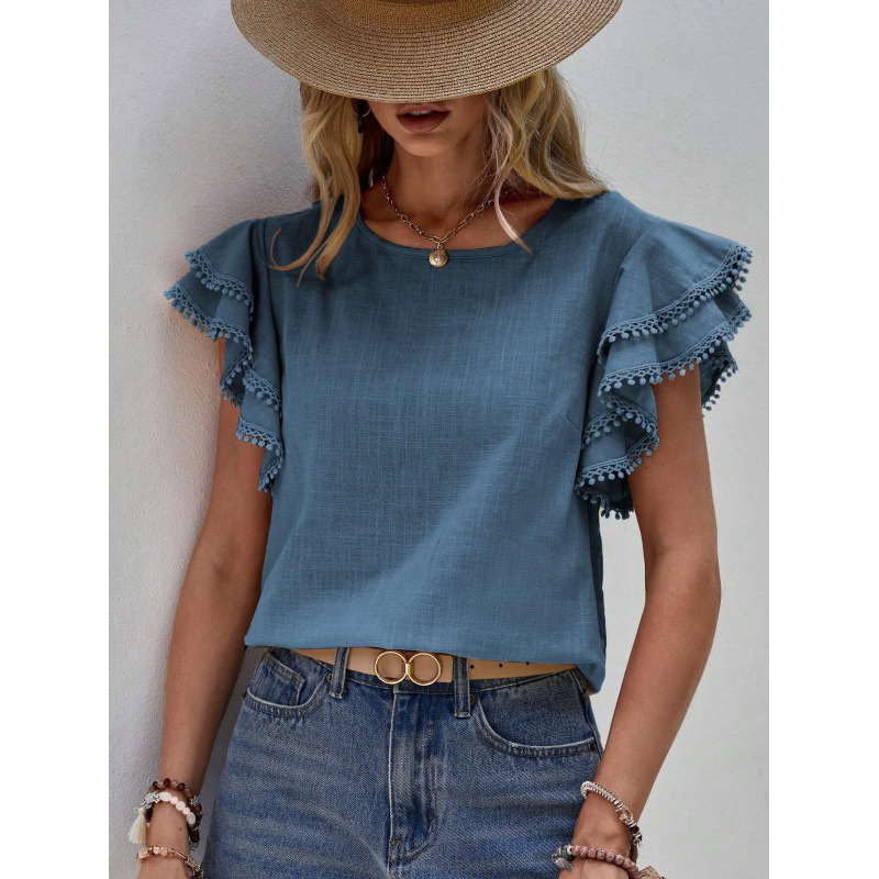 Women's Casual Round Neck Ruffle Sleeve Loose Blouse