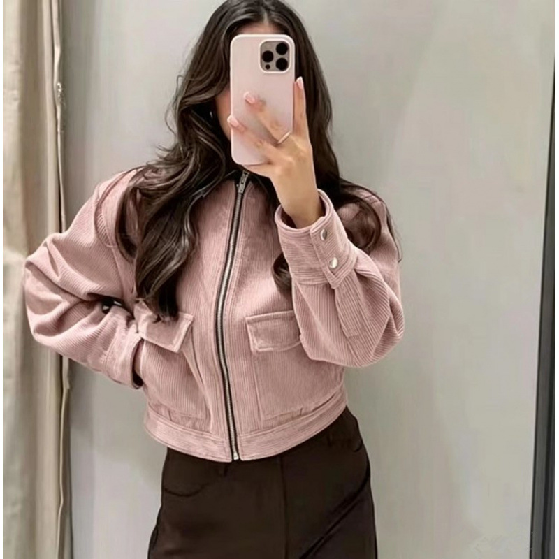 Corduroy Paneled Faux Leather Collar Jacket Women's Casual