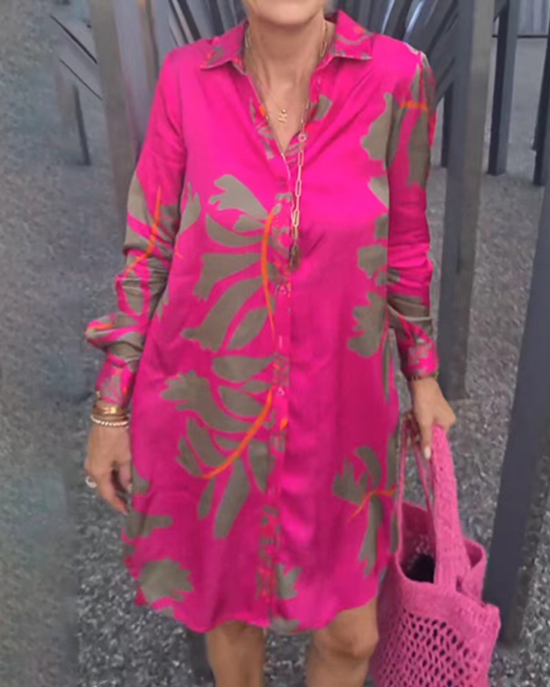 Printed V-Neck Long Sleeve Dress