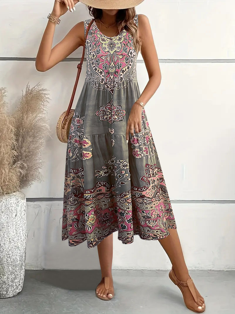 Floral Print Sleeveless U-Neck Midi Dress
