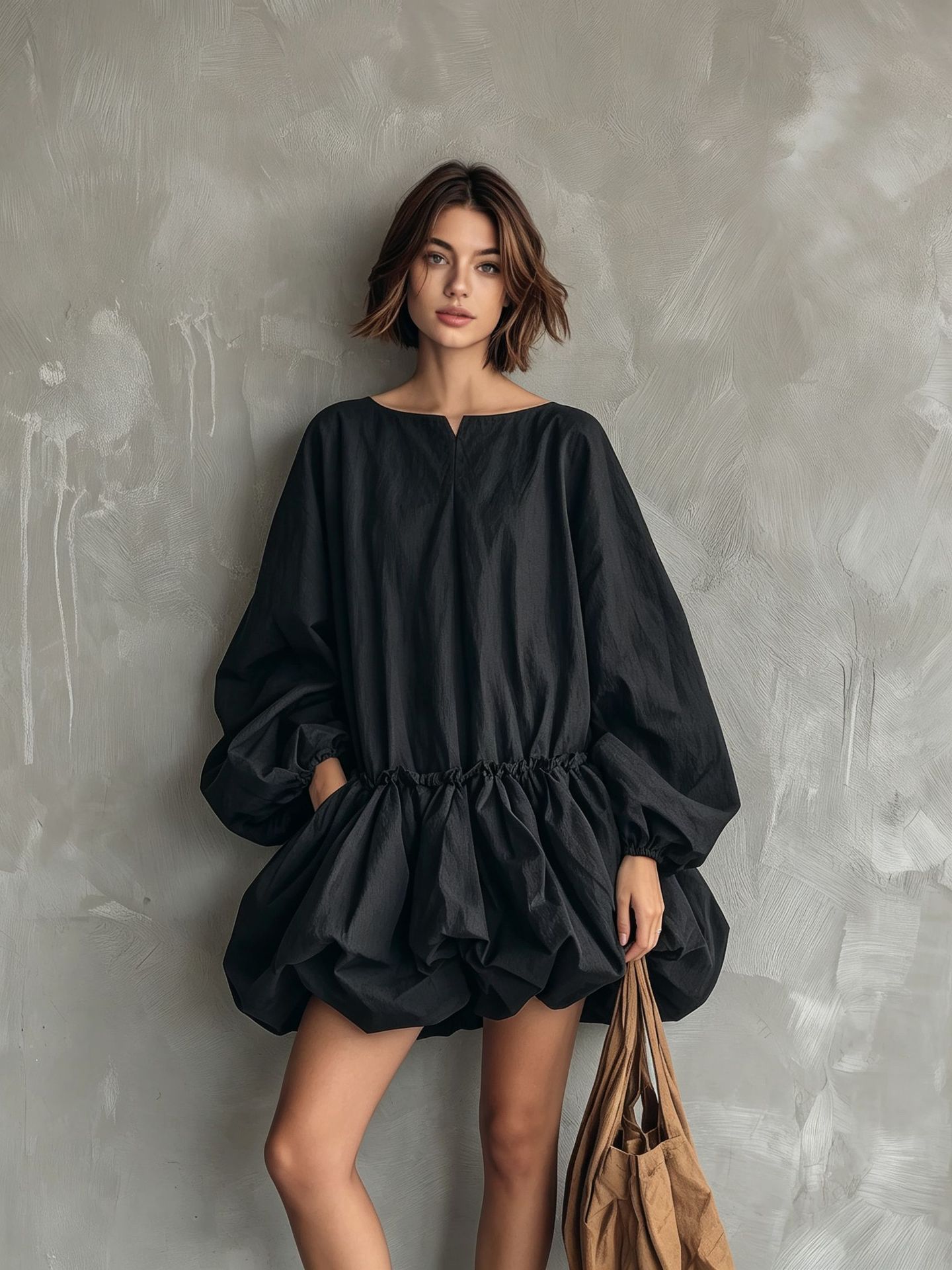 Solid Color Round Neck Puff Sleeve Long Sleeve Waist-Cinched Bubble Dress