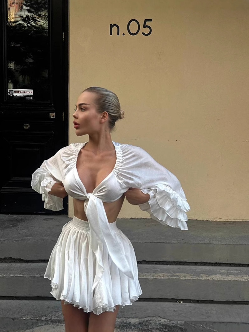 Sexy V-Neck Puff Sleeve Tie-Front Top and Pleated Mini Skirt Two-Piece Set
