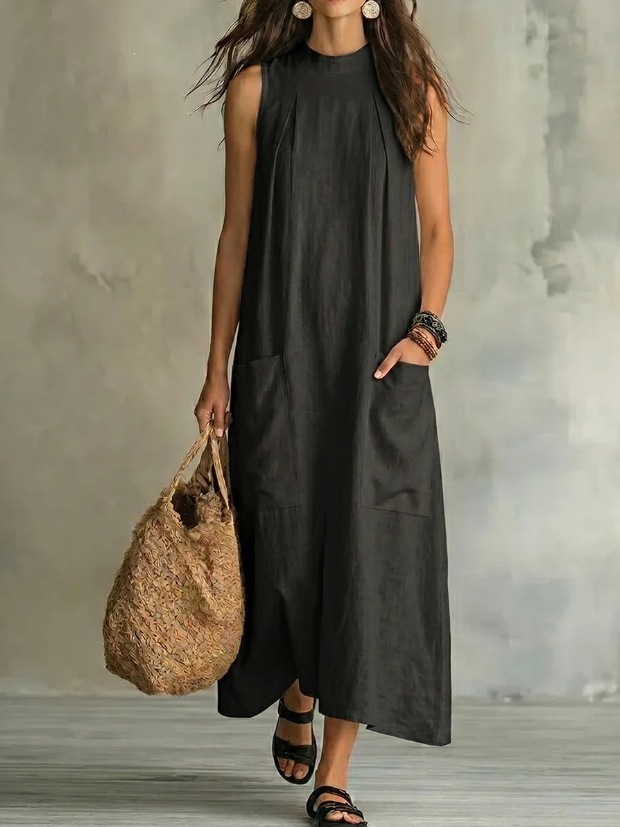 Retro Cotton-Linen Sleeveless Maxi Dress Solid Loose Flowy