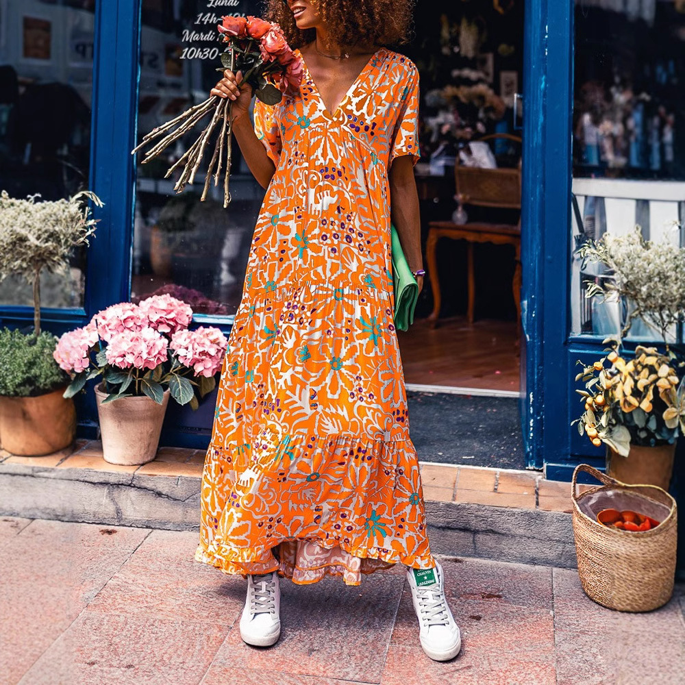 V-Neck Long A-Line Dress with Floral Print and Pleated Details