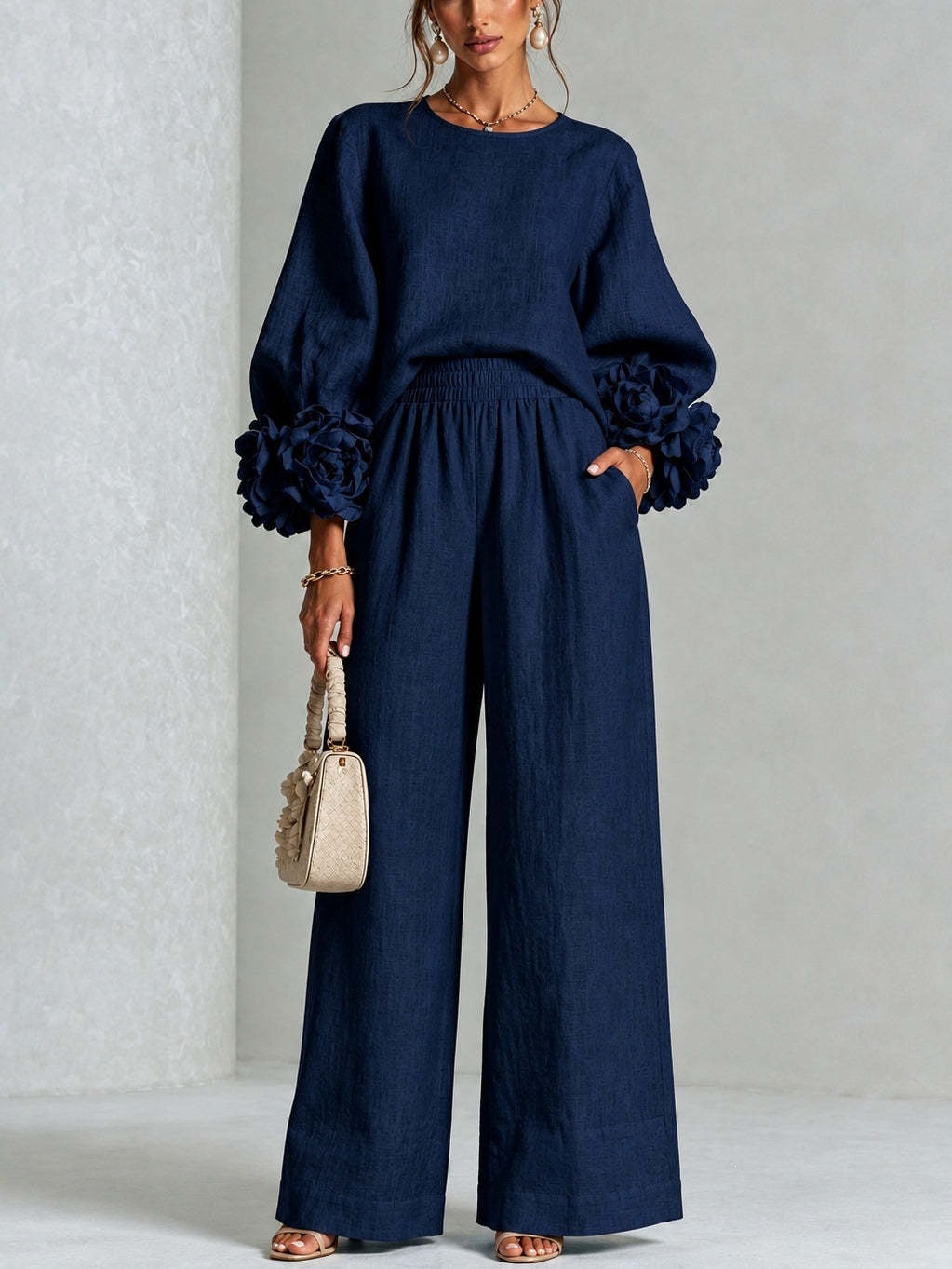 Rose Cuff Lantern Sleeve Top & High-Waist Wide-Leg Pants Set