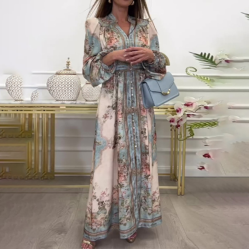 Women's Summer Vintage Print V-Neck Long Sleeve A-Line Maxi Dress