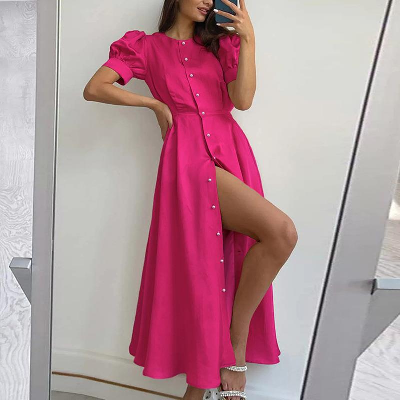 Women's Solid Color Lantern Sleeve Slim Fit Split Dress