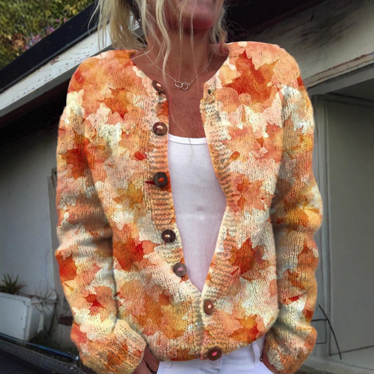Women's Daisy Maple Leaf Floral Print Button Cardigan