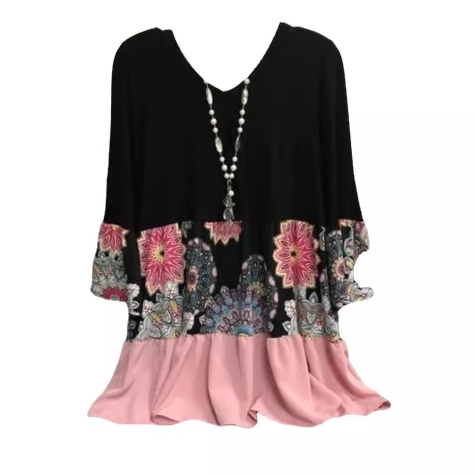 Plus Size V-Neck Floral Print Midi Dress Long Sleeve