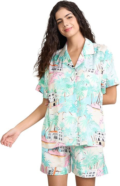 Women's Cuban Collar Satin Striped Print Short Sleeve Shirt Set