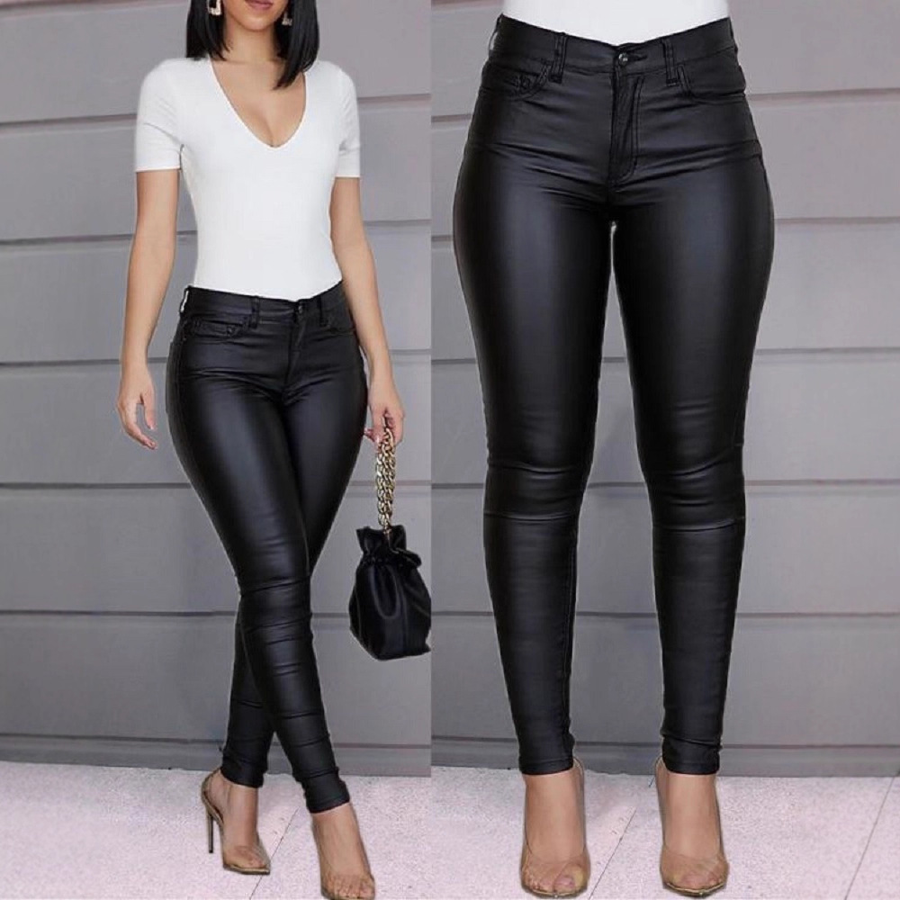 Solid Color High-Waist Skinny Pants Women's Casual Long Trousers
