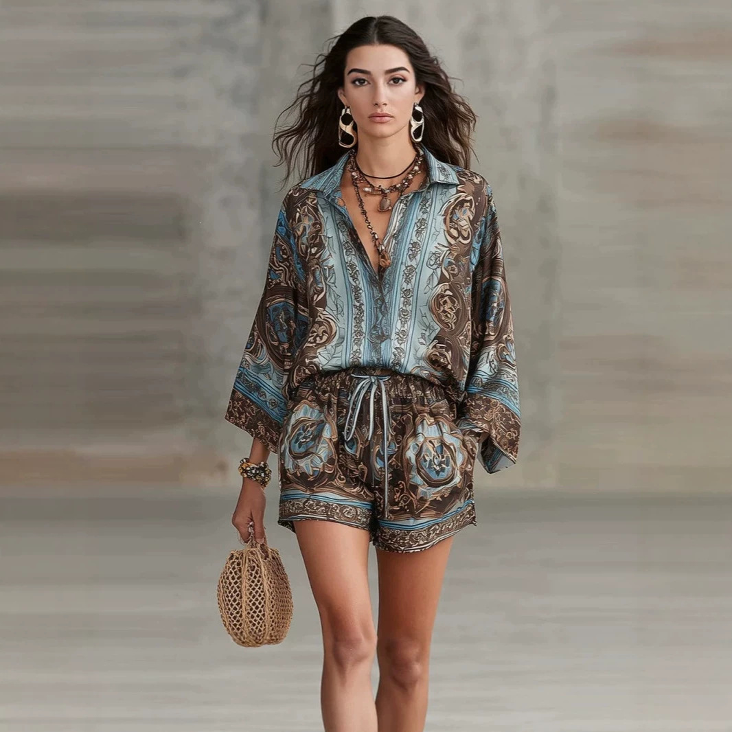 Retro Abstract Print Long-Sleeve Shirt & Shorts Two-Piece Set
