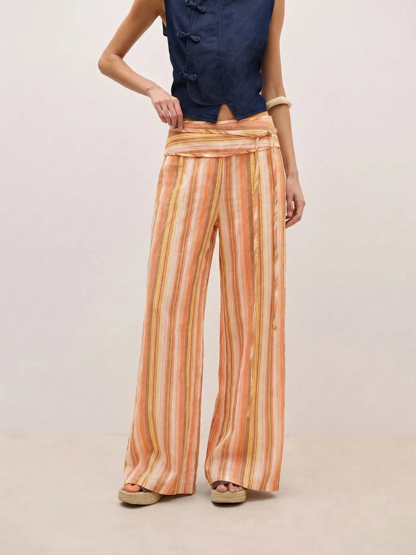 Striped High-Waist Tie-Front Wide-Leg Pants