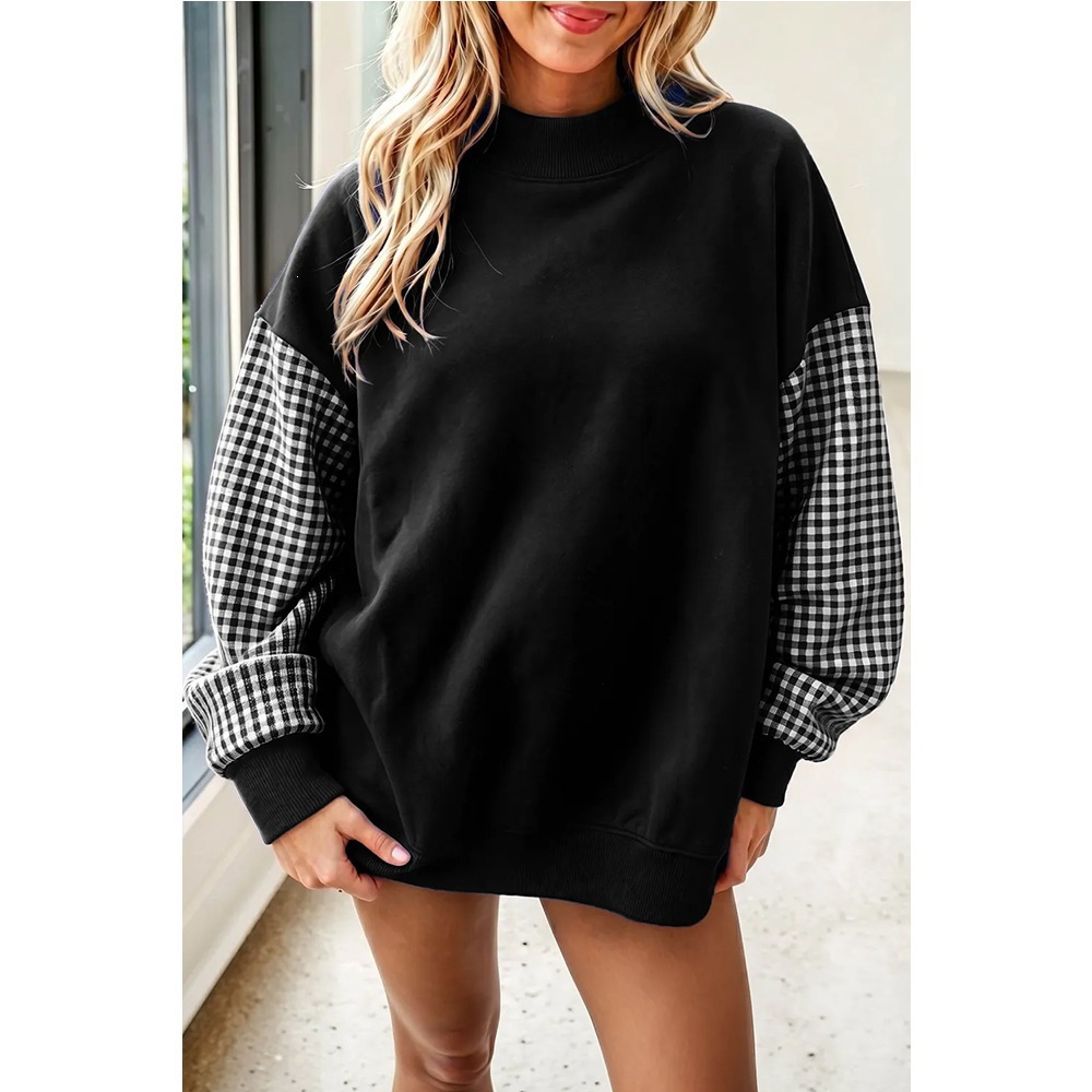 Women's Loose Half-Turtleneck Color-Block Plaid Fleece Sweatshirt
