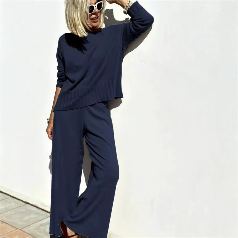 Lazy Style Knit Wide-Leg Pants Set with Pullover Sweater Women's Casual Two-Piece