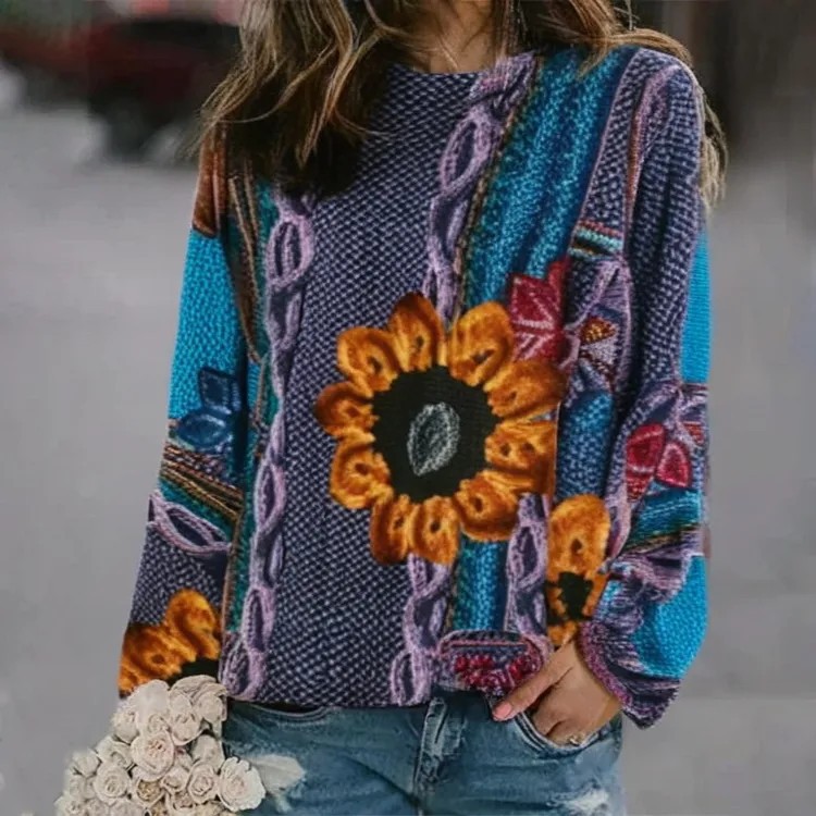 3D Print Women's Sweater Crewneck Pullover Casual Loose Long Sleeve Knit Top