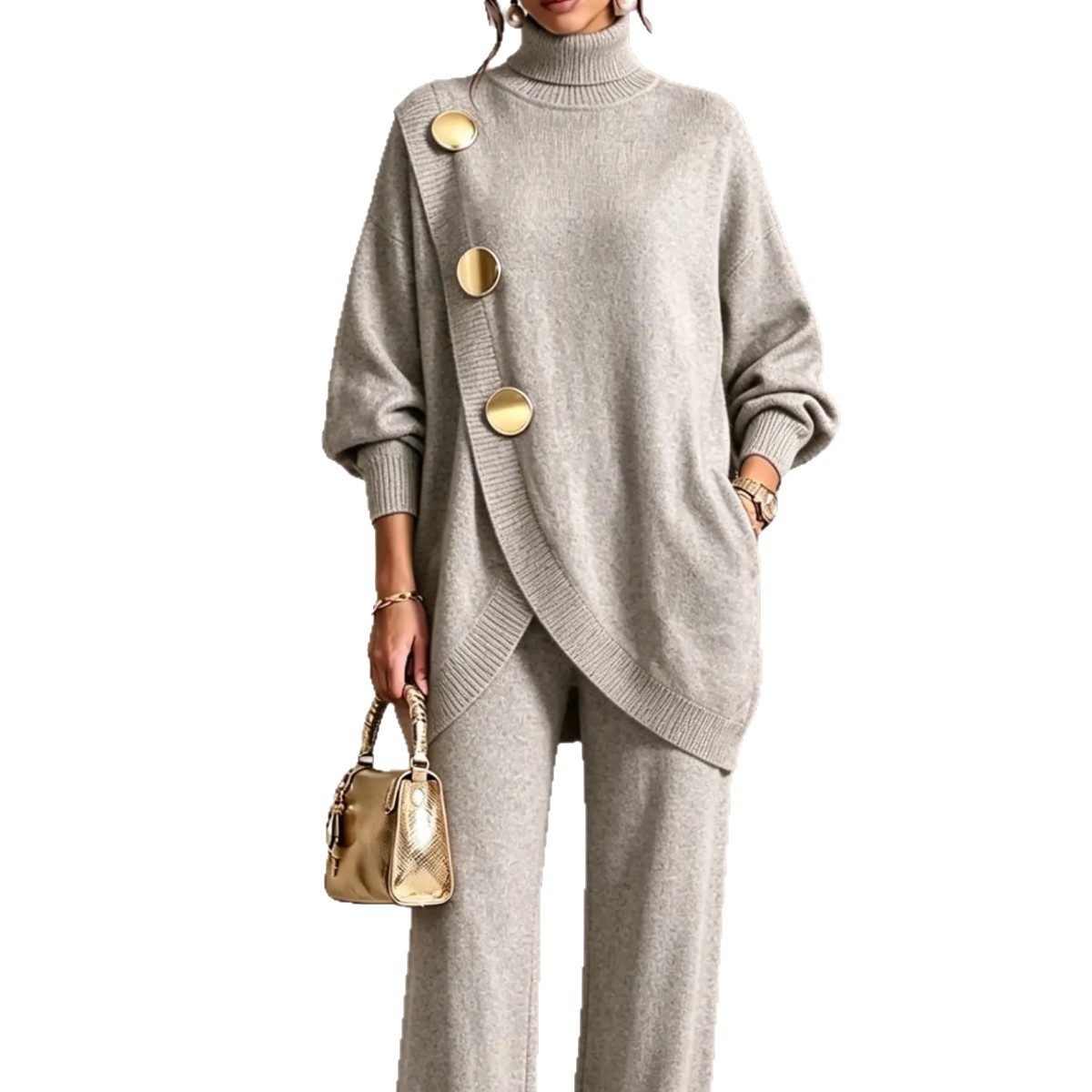 Women's Solid Knit Asymmetric Button Two-Piece Set