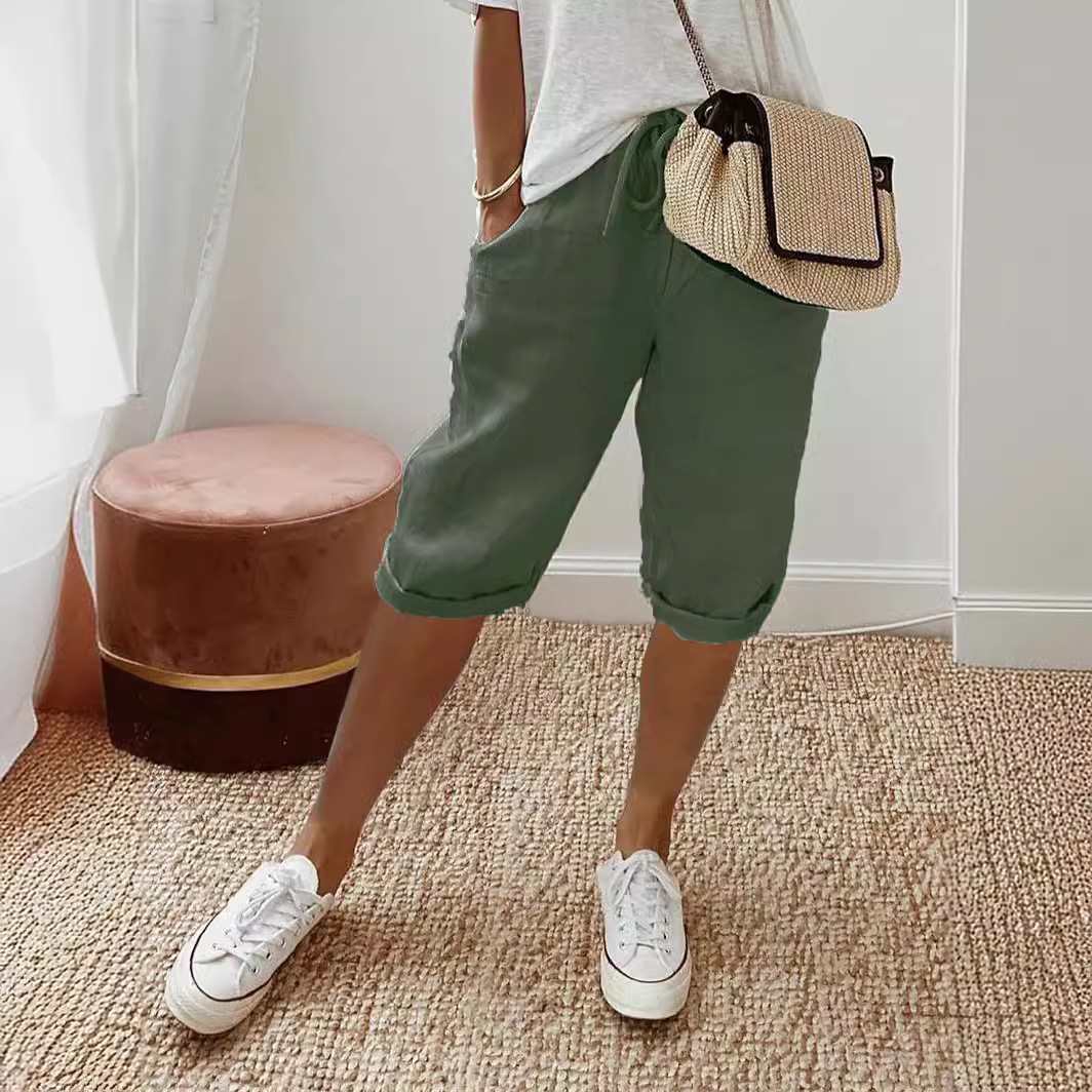 Women's Cotton Linen Elastic Waist Casual Shorts with Pockets