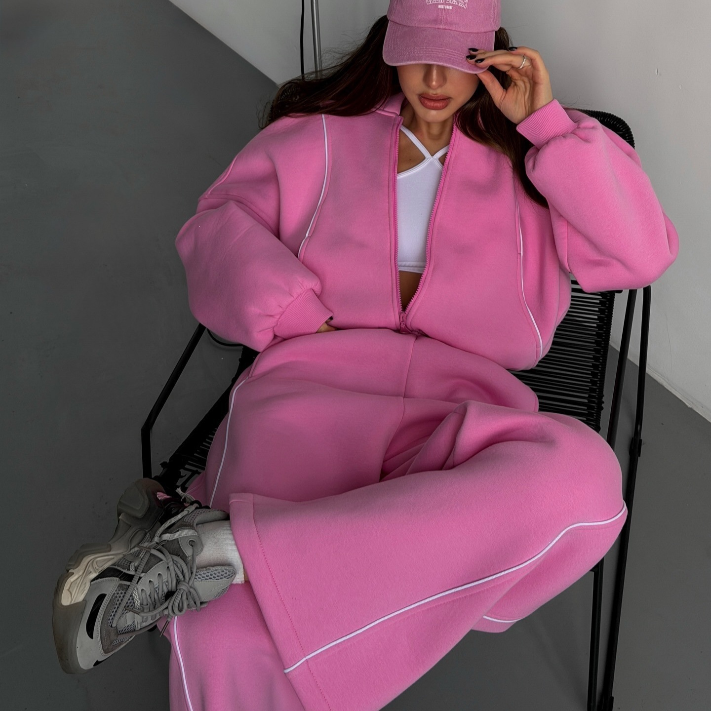 Women's Casual Hooded Zip-Up Sweatshirt and Wide-Leg Pants Set